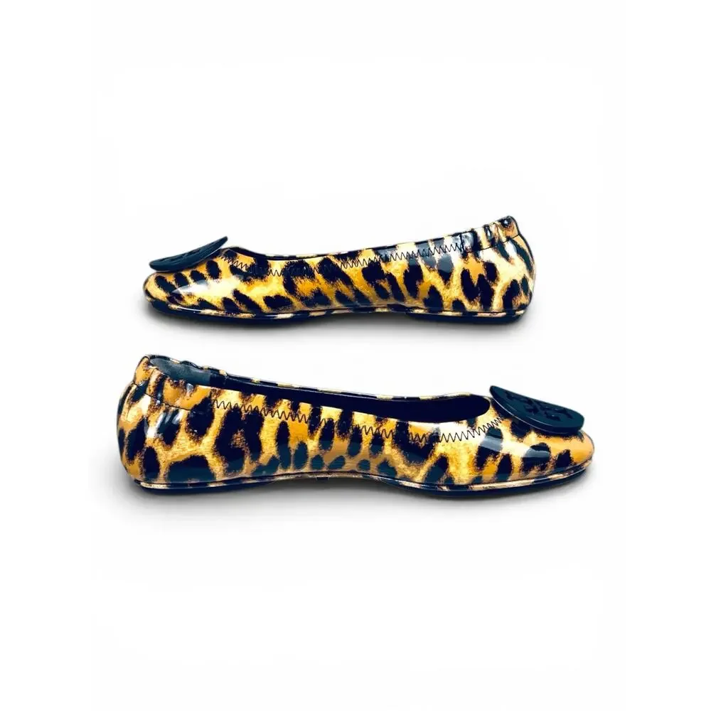 Tory Burch Minnie Travel Leopard Patent Leather Ballet Flats Logo Size 5